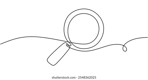 Minimalist continuous line art of a magnifying glass, symbolizing exploration, investigation, and classic detective themes.