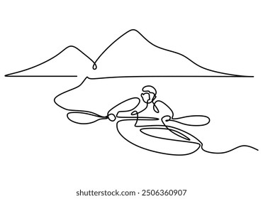 Minimalist continuous line art of a man kayaking. Athletic sport concept in one line style. Outdoor adventure with mountain and lake.