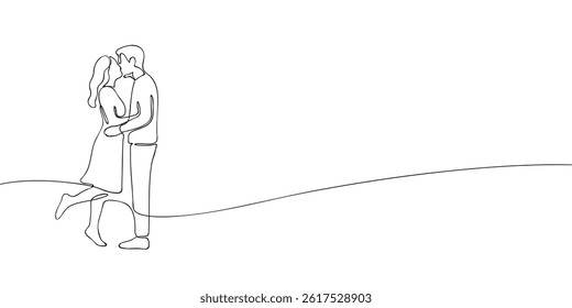 Minimalist continuous line art of a man and woman kissing, symbolizing love, intimacy, and romantic connection in a simple style.
