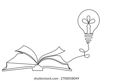Arte lineal continuo minimalista de un libro abierto vinculado a una bombilla, que simboliza el conocimiento que conduce a la innovación. Perfecto para la educación, la creatividad y la lluvia de ideas.