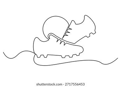 Minimalist continuous line art of a pair of soccer cleats and a ball