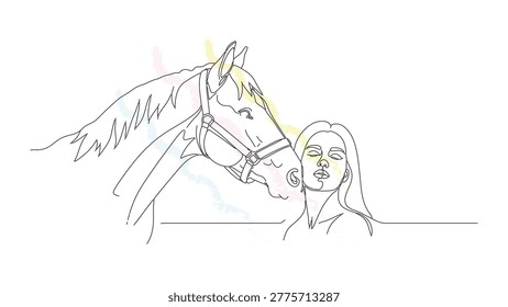 Minimalist continuous line art portraying beautiful woman embracing and bonding with gentle horse for equine therapy design themes.