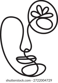 Minimalist continuous line art rendering of abstract human face showing profile and thought bubble above head. Simple contour drawing representing modern emotion or idea.