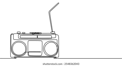 Arte de linha contínua minimalista de um rádio retro com botões. Simboliza a velha mídia, a nostalgia e as ferramentas clássicas de comunicação.