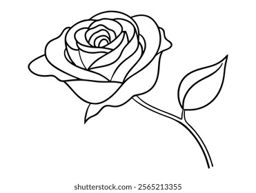 Minimalist Continuous Line Art of a Rose Flower with Stem and Leaves in a Modern Floral Style