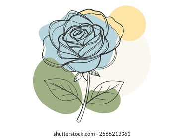 Minimalist Continuous Line Art of a Rose Flower with Stem and Leaves in a Modern Floral Style