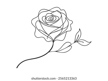 Minimalist Continuous Line Art of a Rose Flower with Stem and Leaves in a Modern Floral Style