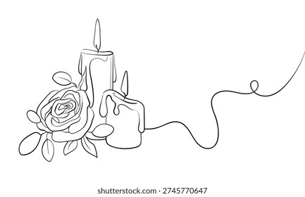 Minimalist continuous line art of a rose and 2 burning candles, floral sympathy or romantic left flame sketch. Wedding decor set for bride's diary. Vector illustration