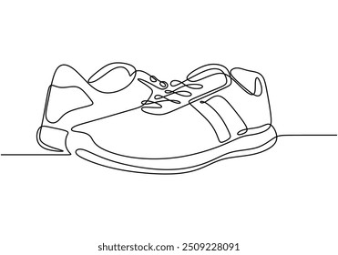 Minimalist continuous line art of running shoes. A vector illustration capturing the concept of athletic sports, hand drawn and isolated on a white background.