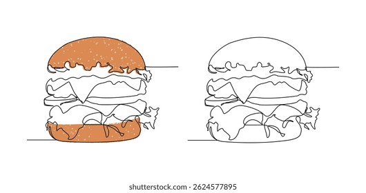 Minimalist continuous line art set of hamburger illustrations. Perfect for restaurant branding, fast food menus, culinary blogs, etc.