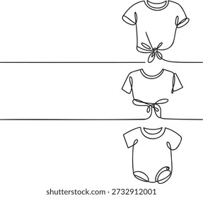 Arte lineal continuo minimalista que muestra ropa linda para bebés, incluido un mono simple y dos camisetas con lazos atados, presentados sobre un fondo transparente. Este diseño encarna la ropa y la moda de recién nacidos, ofreciendo una estética limpia y moderna ideal para temas relacionados con el bebé y proyectos de diseño.