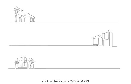 Minimalist continuous line art showcasing various architectural styles from residential homes to modern city structures with palm trees, ideal for design concepts and urban planning.
