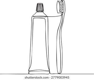 Minimalist continuous line art style graphic featuring toothpaste tube and toothbrush next to each other artistic simple outline design for dental care and hygiene theme.