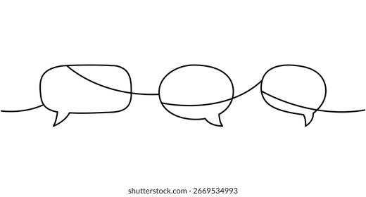 Minimalist continuous line art with three different speech bubbles connected in a flowing line. Simple modern communication design