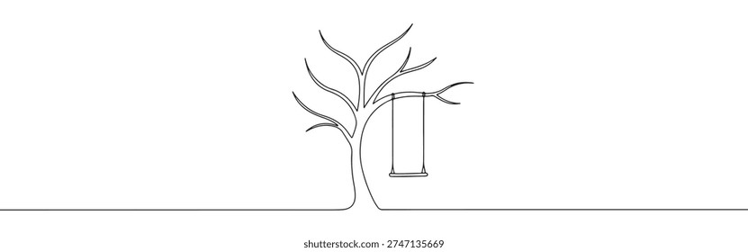Minimalist continuous line art of a tree with a swing, evoking childhood memories and tranquility.
