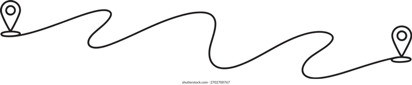 Arte lineal continuo minimalista de dos pines de mapa de ubicación distintos interconectados por una ruta sinuosa, que simboliza un viaje, viaje o un concepto de ruta de destino