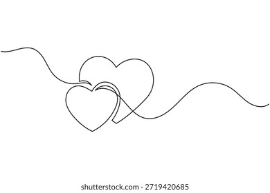 Arte lineal continuo minimalista de dos corazones conectados para el concepto de San Valentín