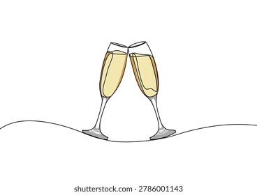 Minimalist continuous line art of two wine or champagne glasses clinking together in a cheers gesture. Clean single-line drawing combined with soft, elegant color shapes, representing a festive celebration, wedding toast, anniversary party, or New Year holiday event. Vector illustration isolated on white background.