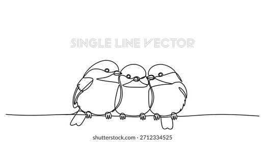 A minimalist continuous line art vector of three charming birds, perfect for modern graphic design, home decor, or childrens projects, evoking peace and togetherness