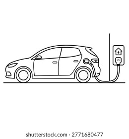 Minimalist continuous line art vector illustration of an electric car charging at a home station