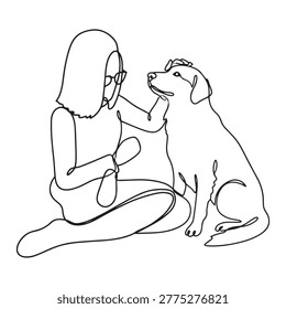 Minimalist continuous line art vector of a person petting a dog, symbolizing companionship, affection, and the human‑animal bond in black and white.