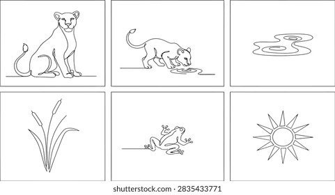 Minimalist continuous line art vector illustrations of wildlife and nature scenes including a lion and a frog
