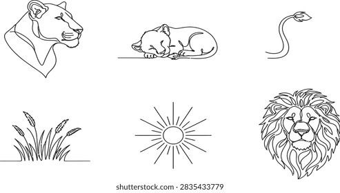 Minimalist continuous line art vector set featuring lions lioness cub tail grass and sun