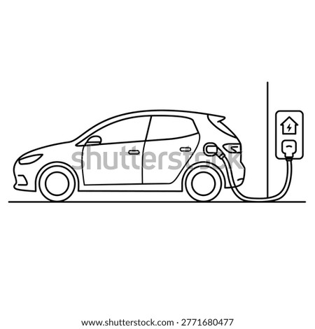 Minimalist continuous line art vector illustration of an electric car charging at a home station