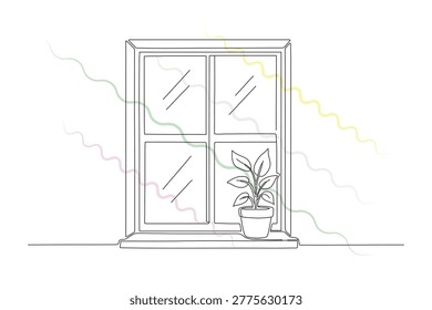 Minimalist continuous line art of window featuring potted plant on sill glowing soft wavy light beams creative home illustration.