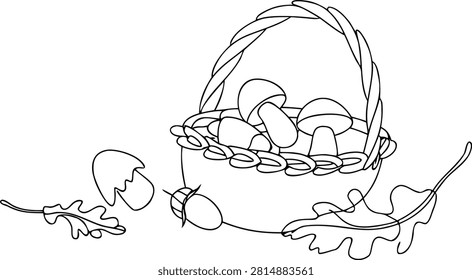 Minimalist continuous line art of woven basket filled with wild mushrooms, autumn season, oak leaves, forest floor theme.