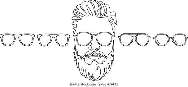 Minimalist continuous line of a bearded man's face with multiple pairs of eyeglasses arranged around him on a white
