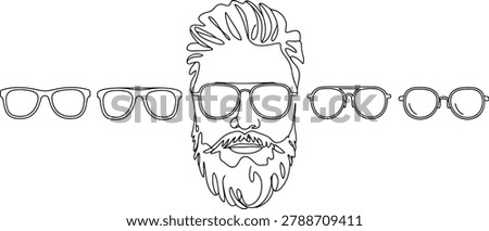 Minimalist continuous line of a bearded man's face with multiple pairs of eyeglasses arranged around him on a white