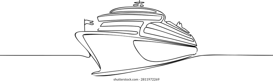 Minimalist continuous line of a cruise ship sailing on water boat vessel ocean