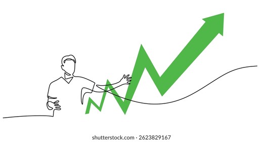 Línea continua minimalista que representa el progreso financiero mostrado por un gráfico ascendente en un dispositivo móvil. Ilustración vectorial dibujada a mano.