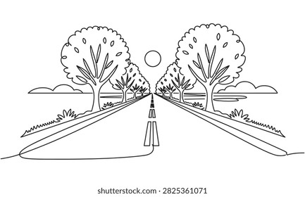 A minimalist continuous line depicting a road leading to the horizon, flanked by symmetrical trees and a sun. The clean black strokes on a white background create a simple, linear landscape.