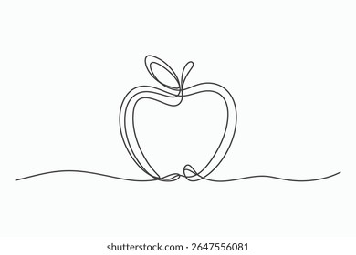 A minimalist, continuous line drawing of an apple with a stem and leaf. The simple, elegant design is set against a clean white background.