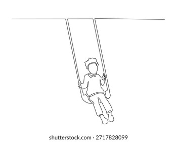 Minimalistische kontinuierliche Linie Zeichnung Kunst eines kleinen Jungen sitzt auf einer Schaukel, die Seile mit beiden Händen zu halten.