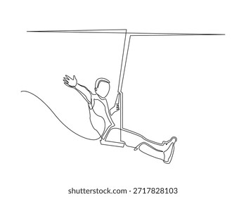 Minimalistische kontinuierliche Linie Zeichnung Kunst eines kleinen Jungen sitzt auf einer Schaukel, die Seile mit beiden Händen zu halten.