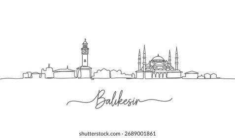 A minimalist continuous line drawing of the Balikesir cityscape and landmarks.