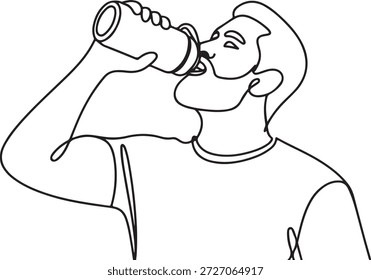 Desenho de linha contínua minimalista de um homem barbudo bebendo de uma lata