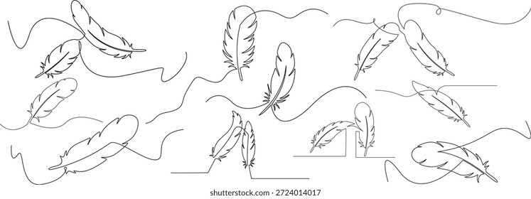 Minimalist Continuous Line Drawing of Bird Feathers Set, Elegant One Line Art Design Elements