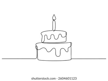 Minimalist continuous line drawing of a birthday cake with one lit candle and dripping frosting in black and white