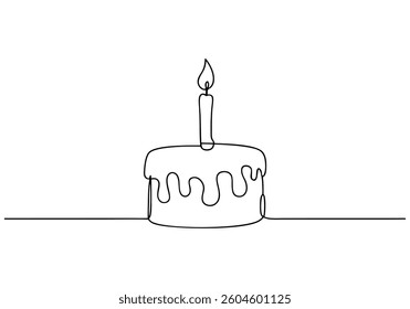 Minimalist continuous line drawing of a birthday cake with one lit candle and dripping frosting in black and white