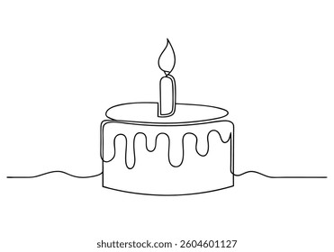 Minimalist continuous line drawing of a birthday cake with one lit candle and dripping frosting in black and white