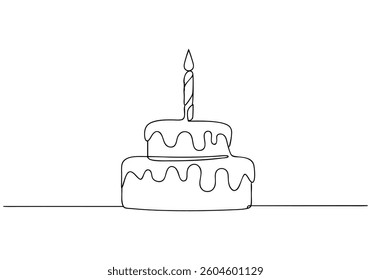 Minimalist continuous line drawing of a birthday cake with one lit candle and dripping frosting in black and white