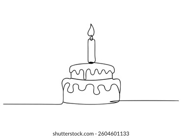 Minimalist continuous line drawing of a birthday cake with one lit candle and dripping frosting in black and white