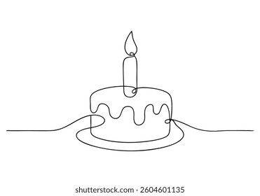 Minimalist continuous line drawing of a birthday cake with one lit candle and dripping frosting in black and white