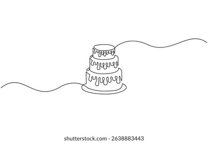 Minimalist continuous line drawing of a birthday cake with one lit candle and dripping frosting in black and white,