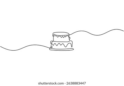 Minimalist continuous line drawing of a birthday cake with one lit candle and dripping frosting in black and white,