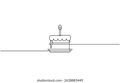 Minimalist continuous line drawing of a birthday cake with one lit candle and dripping frosting in black and white,